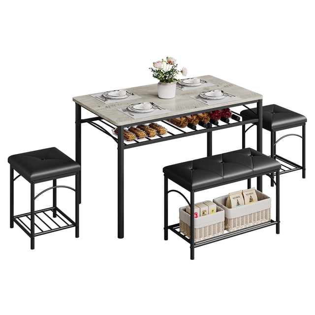 Ensemble de Salle à Manger 4 Pcs Gain de Place – Table Moderne avec Banquette Rembourrée et 2 Tabourets – Cadre Robuste en Bois et Métal, Tablette de Rangement, Idéal pour les Petits Espaces de Repas – Dessus en Chêne Teck + Pattes Noires