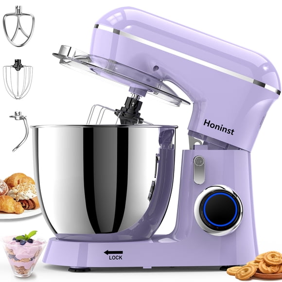 Honinst Robot Pâtissier Électrique de 6,5 Pintes (6,2 L), 10 Vitesses + 4 Vitesses, Léger, avec Tête Inclinable, Crochet Pétrisseur, Fouet, Batteur et Bol, Idéal pour la Pâtisserie, les Gâteaux et la Plupart des Préparations Culinaires à Domicile.