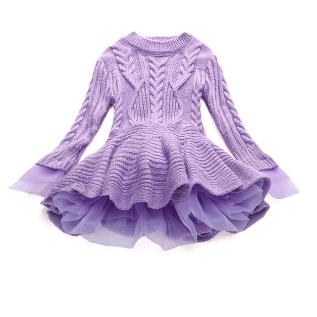 EGNMCR Robe Sans Manches à Col Rond Tout-Petits Enfants Bébés Filles Chandail Tricoté Robe d'Hiver au Crochet avec Tulle Chandail Robe Fille