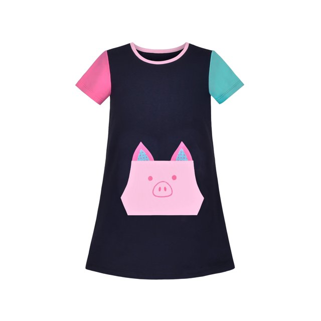 T-Shirt Robe Fille Coton Contraste de Couleurs Poche Cochon Manches Courtes 6 Ans