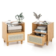 Gymax 2PCS Bamboo Rattan Nightstand Boho Bedside End Table w/ Drawer Wood Legs Natural