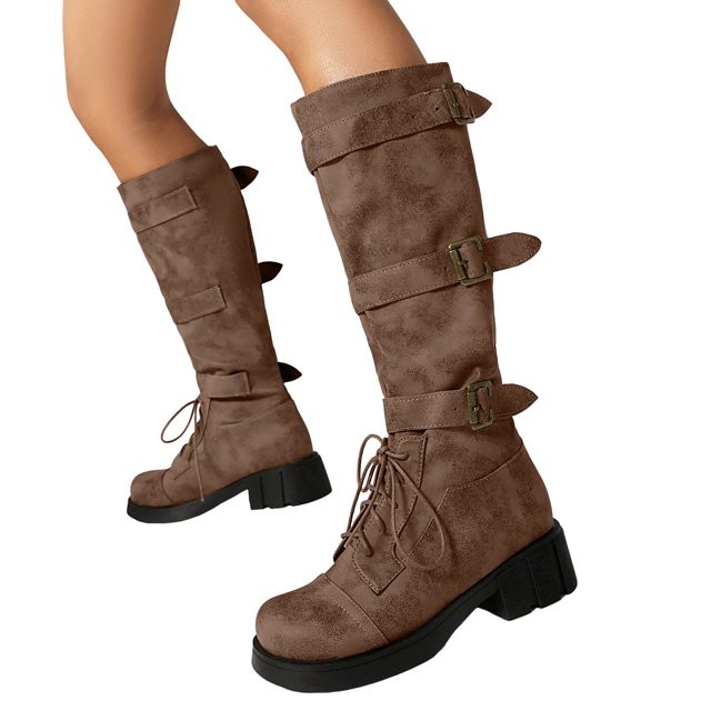 Mepaouo Women's Knee High Combat Boots Lace up Wide Calf Buckle Riding Boot Chunky Low Heel Booties