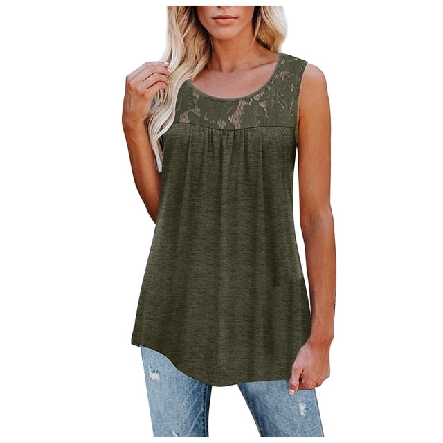 Timegard Womens Tank Top Plus Size Scoop Neck Lace Sleeveless Ruched Tops Casual Comfy Summer Tee Shirts