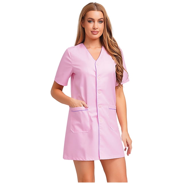 Aislor Robe d'Uniforme d'Infirmière pour Femmes à Manches Courtes, Tenue de Travail Médicale avec Poches, Chemise Boutonnée, Uniforme de Sarrau Rose TTG