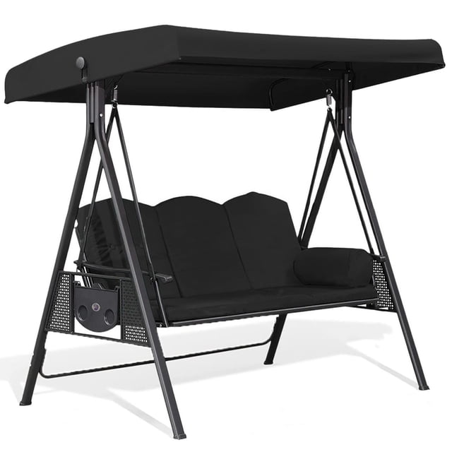 Housse de Remplacement pour Auvent de Balançoire d'Extérieur par Homdeep, Conçue pour les Chaises de Balançoire de patio 3 Places. la Housse Robuste, Imperméable et Coupe-Vent Mesure 75x47x7 Pouces et Offre une protection UV et un Tissu Anti-Déchirure. Montré en Noir, l'Auvent Est Installé sur un Cadre de Balançoire avec un Siège Noir Assorti, Convient à l'Utilisation dans la Cour Arrière, la Véranda Ou le Jardin.