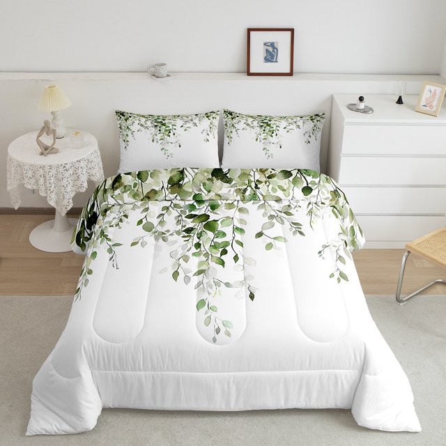 Erosebridal Cartoon Leaf Comforter Sets Queen Size, Rustic Botanical Comforters & Duvets, Eucalyptus Leaves Decor, Reversible