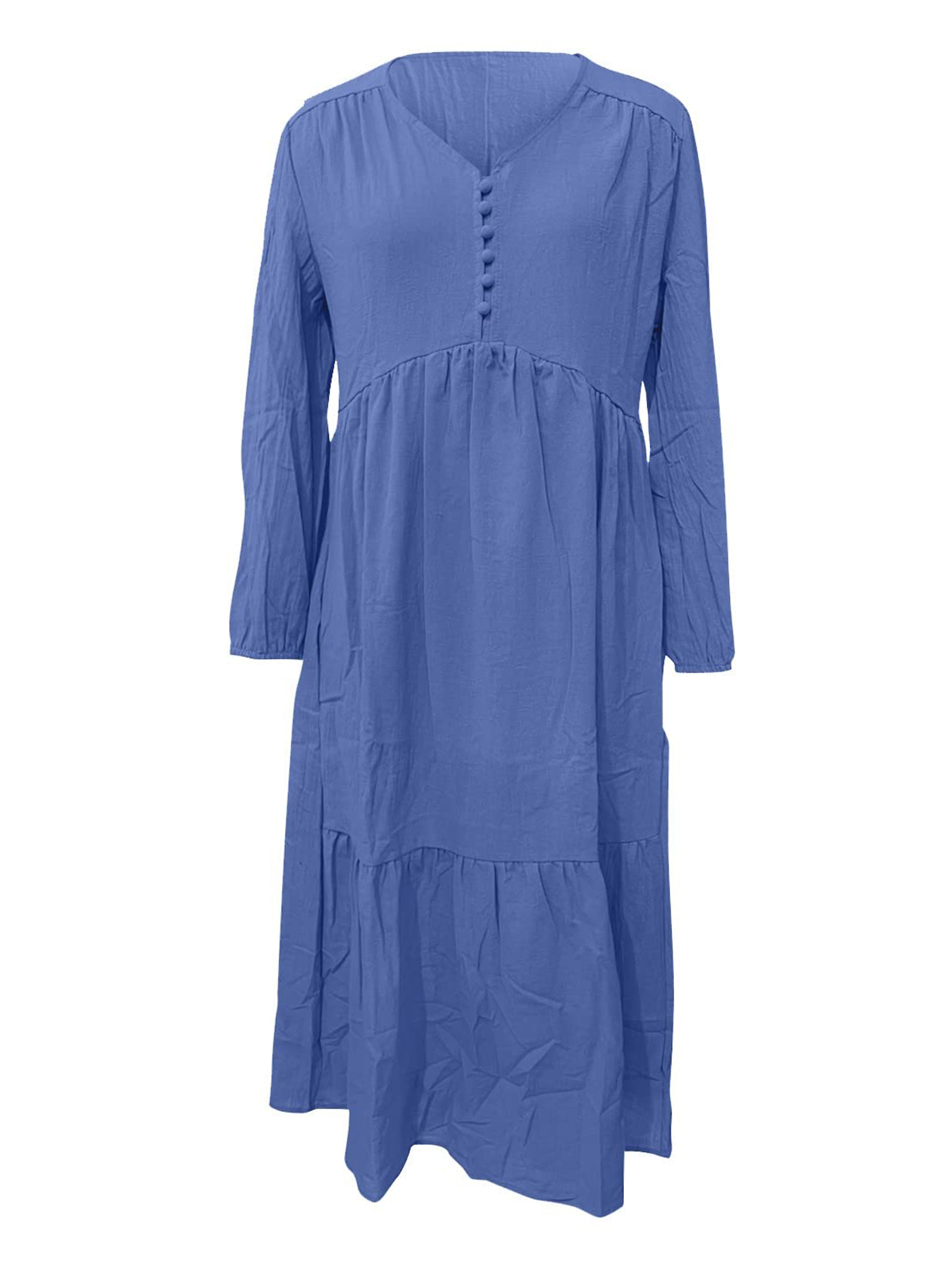 Sexy Dance Robe Longue pour Femmes, Décor de Boutons, Robes Maxi, Col en V, Plissée, Manches Longues, Bleu Foncé, 3TG
