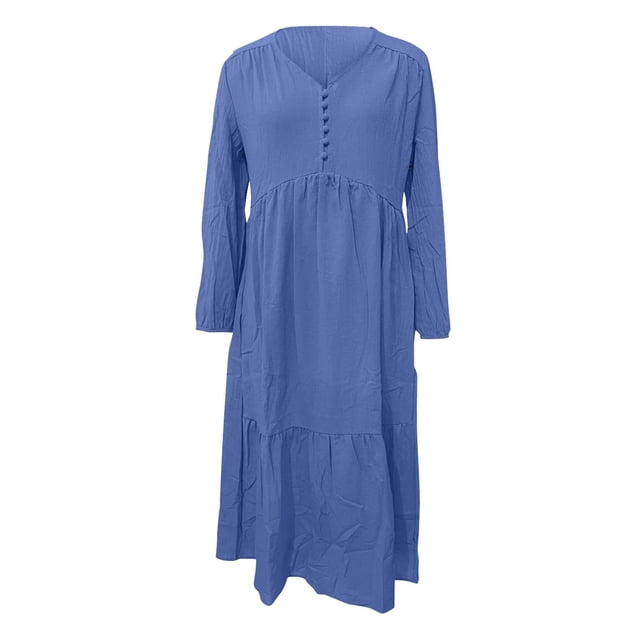 Sexy Dance Robe Longue pour Femmes, Décor de Boutons, Robes Maxi, Col en V, Plissée, Manches Longues, Bleu Foncé, S