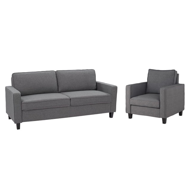 CorLiving Georgia Ensemble de Salon Intérieur 2 Pcs Rembourré en Tissu avec sofa Gris et Fauteuil d'Appoint, Rembourré en polyester durable Type Lin avec Coussins en Mousse Solides et Pattes en Bois de Caoutchouc, Conçu pour les Petits Espaces et une Assise Confortable.