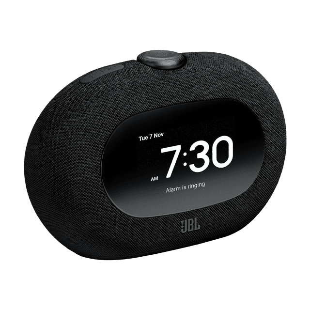 JBL Horizon 3 Bluetooth® clock radio speaker with FM in black fabric texture displaying 7:30 AM and alarm ringing, featuring top control buttons and JBL logo, designed for home audio accessories and stereo shelf systems, also suitable for Bluetooth music streaming and USB charging.