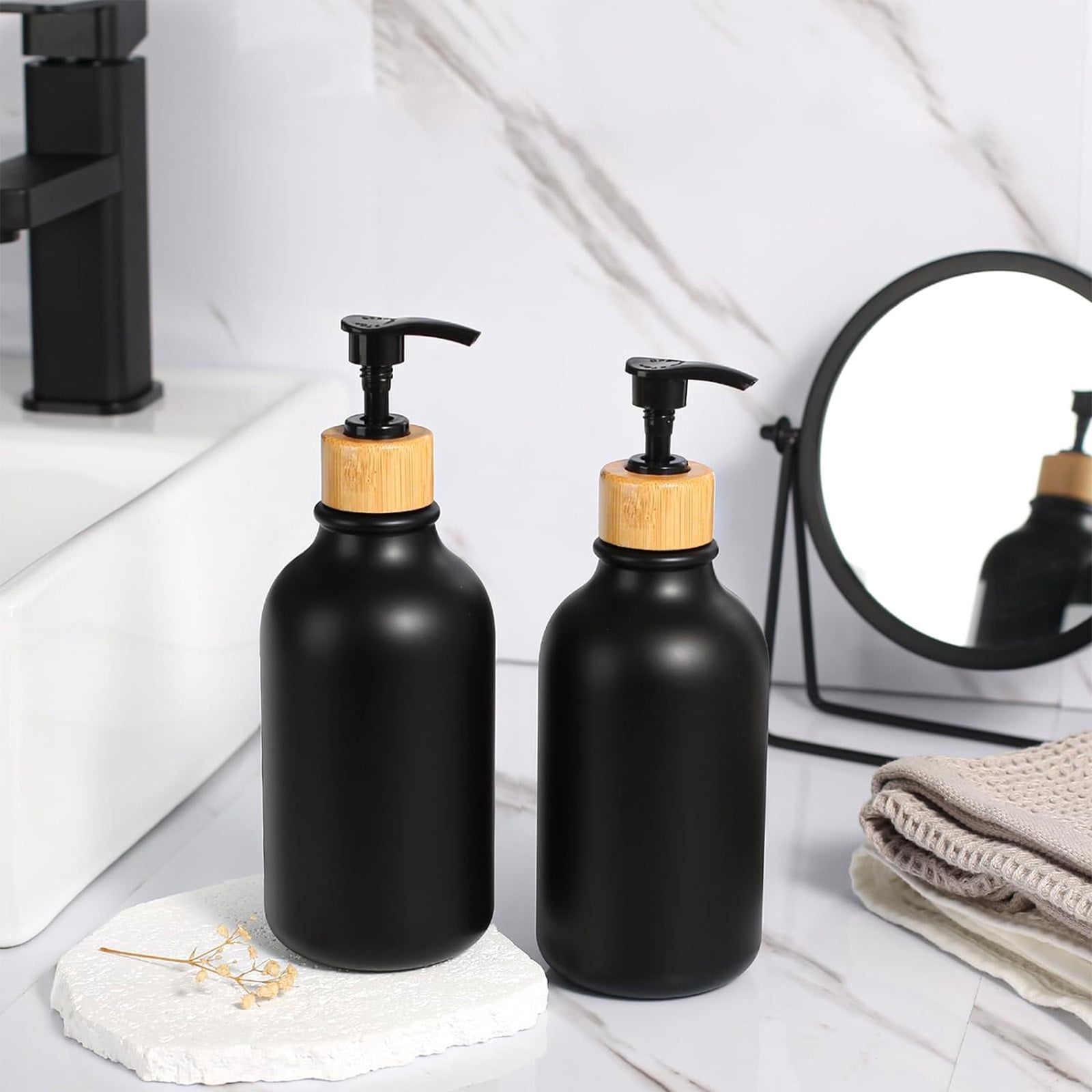 Uuiauoio 2 pcs Hand Soap Dispenser Bathroom, Black Dish Soap Dispenser for Kitchen, Plastic Hand and Dish Soap Dispensers Set with Bamboo Pump, Refillable Liquid Lotion Containers Bottle