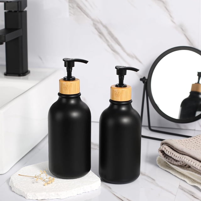 Black Plastic Refillable Soap Dispenser Set - 2 Pack Hand Soap and Lotion Dispenser Bottles for Kitchen and Bathroom