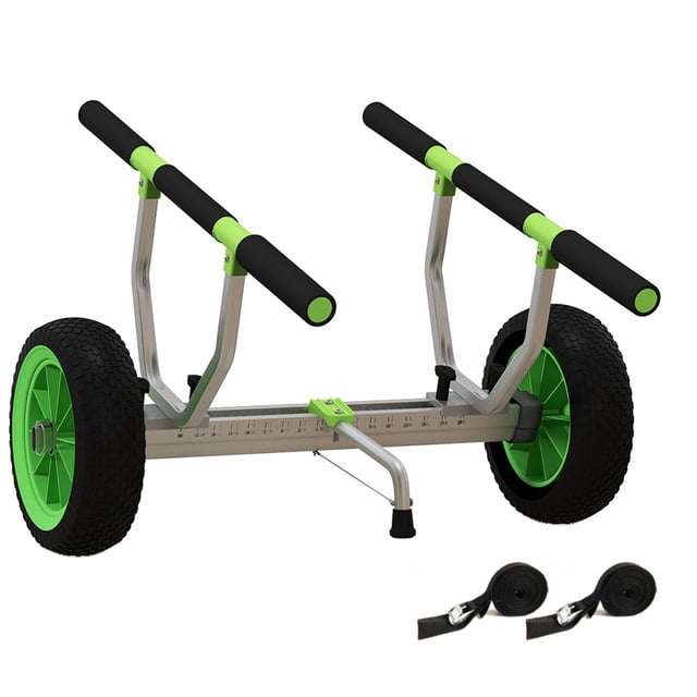 Soozier Kayak Cart with Adjustable Width and Large Wheels, lightweight aluminum frame with green and black accents, two large 10-inch solid tires, adjustable black foam padded bunker bars, a kickstand for stability, and two security straps, suitable for transporting kayaks, canoes, and paddle boards over varied terrain.