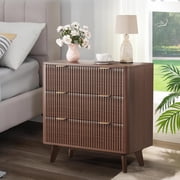 Fluted Nightstand with Faux Marble Top, Modern 3 Drawer Bedside Table, Wooden End Table for Bedroom Living Room Storage
