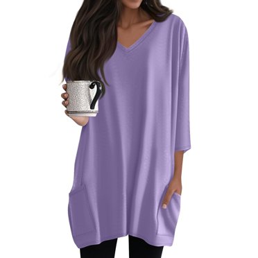 T-Shirt à Manches Longues pour Femmes Seductiva jusqu'à 50 % de Rabais Tuniques pour Femmes à Porter avec des Leggings Été Manches 3/4 T-Shirts à Col en V avec Poches Blouses Longues Décontractées