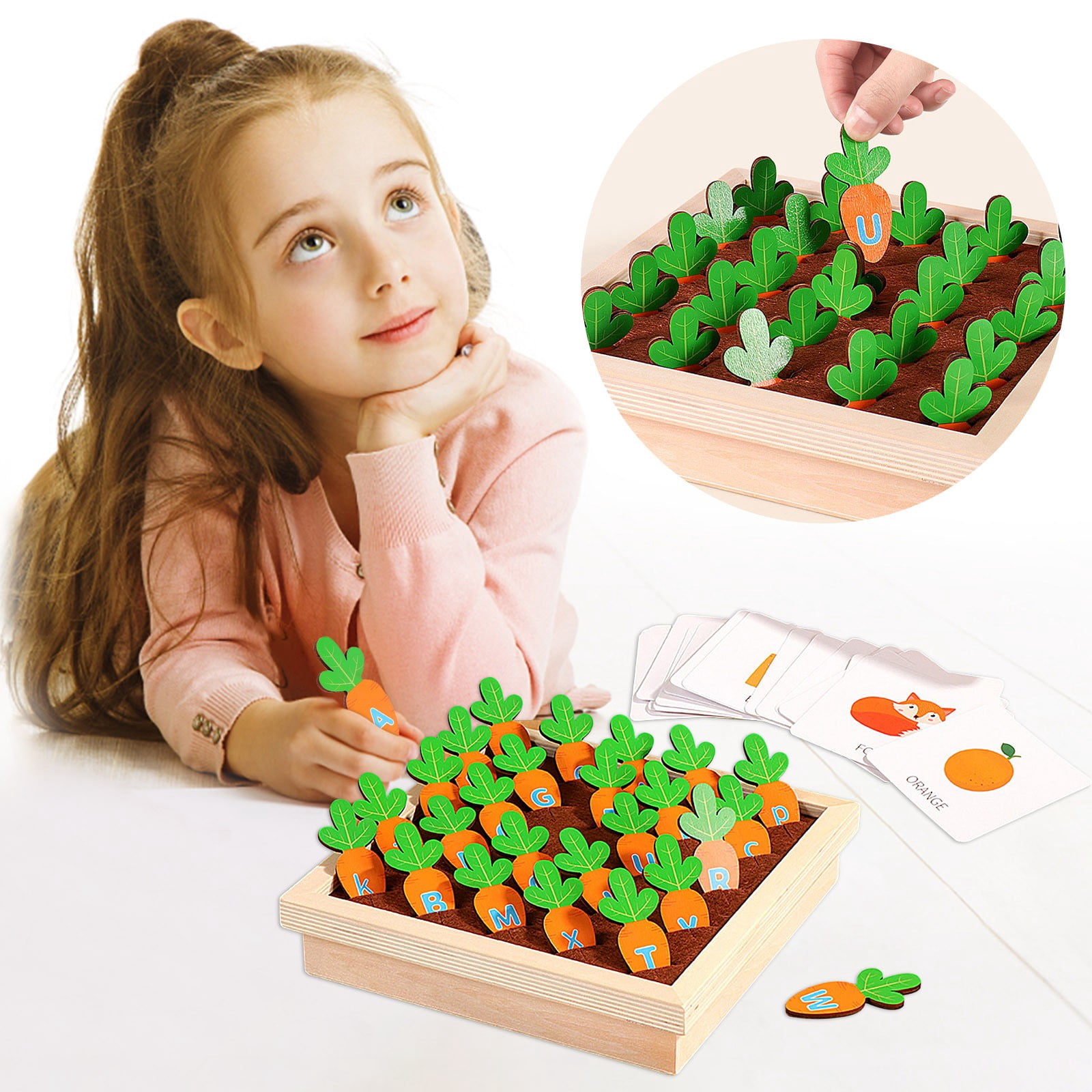 EGNMCR Children's Wooden Pull Radish Toy Early Education English Alphabet Spelling Puzzle Thinking Training Board Game Pulling radish game
