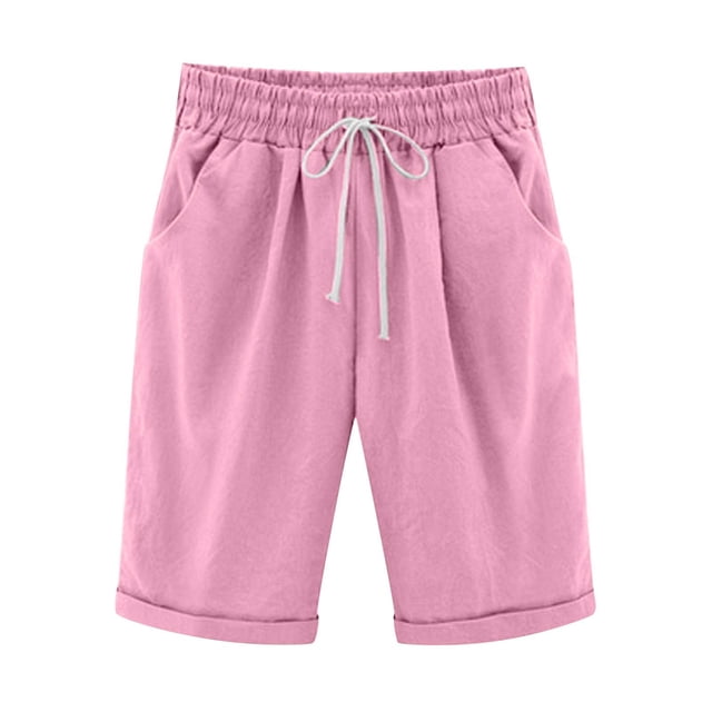 Pisexur Womens Shorts Cotton Linen Drawstring Solid Color Gym Workout Shorts Summer Comfy Elastic Waisted Shorts Plus Size Lounge Shorts Casual Beach Knee Length Shorts with Pockets,S-6XL