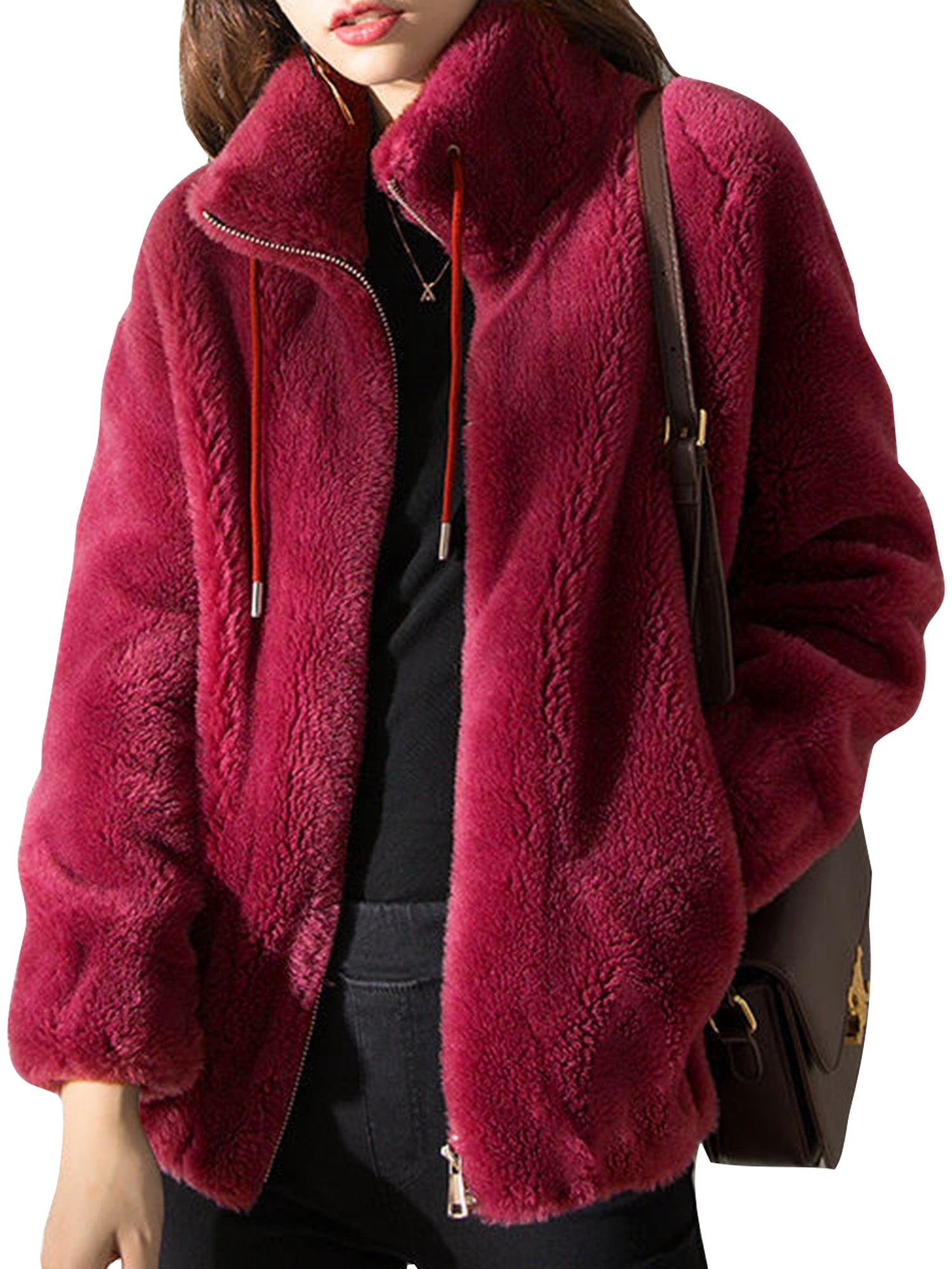 LUXUR Ladies Full Zip Sherpa Jackets Drawstring Holiday Overcoats Red 2XL