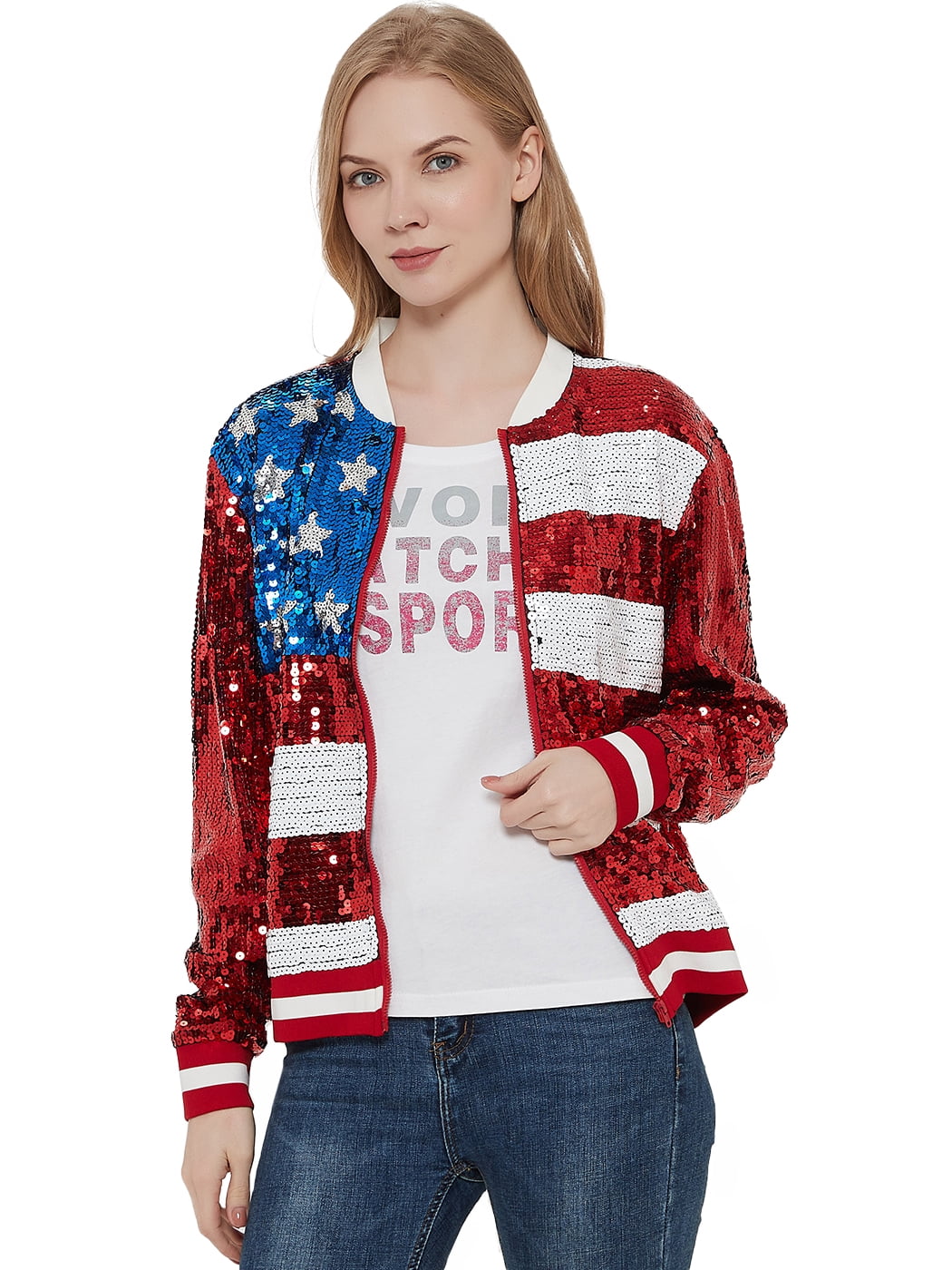 Womens Patriotic American USA Flag Sequin Front Zip Jacket with Ribbed Cuffs