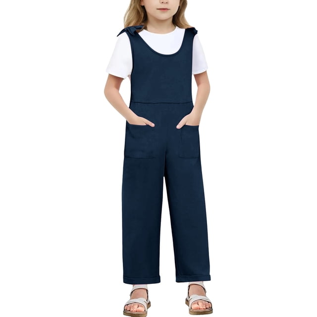 MIASHUI Girl's Jumpsuits Summer Sleeveless Overalls Kids Round Neck Long Pants Rompers,Navy,5-6 Years