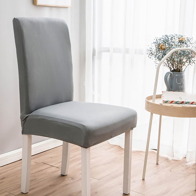 Meitianfacai solid color brushed high elastic chair cover in grey, designed for dining chairs. Made from 92% polyester and 8% spandex, this slipcover offers a snug fit with dimensions suitable for seat lengths and widths of 40-50cm (15.7-19.7in) and backrest heights of 40-60cm (15.7-23.6in). The soft, breathable fabric provides comfort and protection against spills and dirt, making it ideal for home, office, or restaurant use.