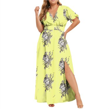 Pisexur Robes pour Femmes Mode Bohème à Imprimé Floral Robe Maxi Été Décontractée Col en V Manches Courtes Robe d'Été Taille Haute Tunique Ample Fendue Longue Robe Grande Taille Robes pour Femmes G-5TG