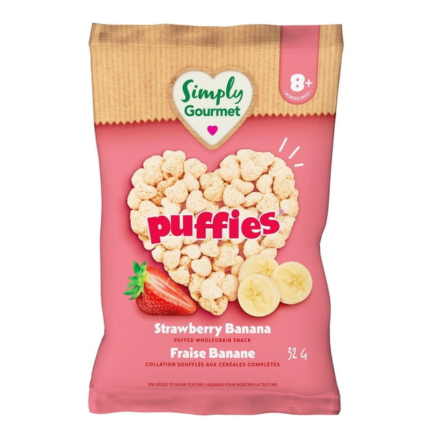 Simply Gourmet Puffies Collation pour Bébé Fraise et Banane dans un Sac Rose et Beige avec des Collations de Grains Entiers Soufflés en Forme de Cœur et des illustrations de Fraises et de Bananes, Conçue pour les Bébés Auto-Aliments de 8 Mois et Plus, Sans gluten et Sans Riz.