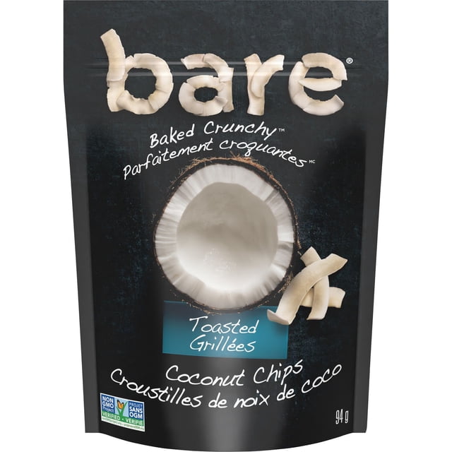 Bare Toasted Coconut Chips in a black resealable bag featuring a large open coconut half and curled toasted coconut chips, labeled baked crunchy, gluten-free, and Non-GMO Project Verified, weighing 94 grams, suitable as a natural on-the-go snack.