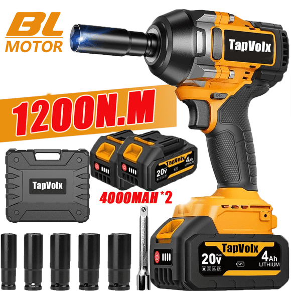 High Torque Power Impact Wrench 1200N.m (885ft-lbs) with 2X 4.0AH Battery 1/2 inch Cordless Electric Impact Gun Brushless Impact Driver for Car Include Fast Charger,5 Sockets and Storge Box