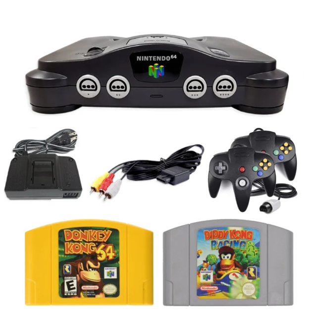 Nintendo 64 - Système de Jeu N64 avec 2 Manettes RétroFam N64 Noires, Donkey Kong et Diddy Kong Racking (Remis à Neuf)
