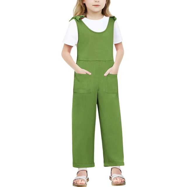 MIASHUI Combinaisons pour Fille Été Sans Manches Salopettes Enfants Col Rond Pantalons Longs Barboteuses, Vert, 7-8 Ans