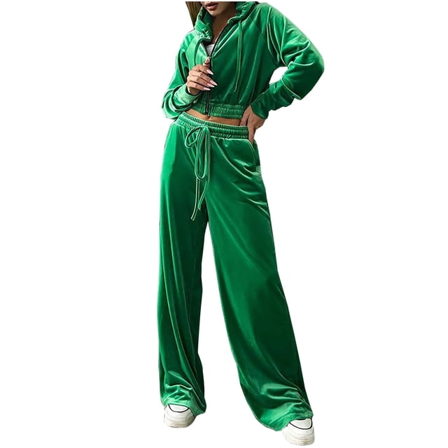 IROINNID Survêtement pour Femmes Ensemble 2 Pcs Velours Couleur Réduite Chandail à Capuche Sport Décontracté Pantalon Ensemble Tenue de Jogging, Vert