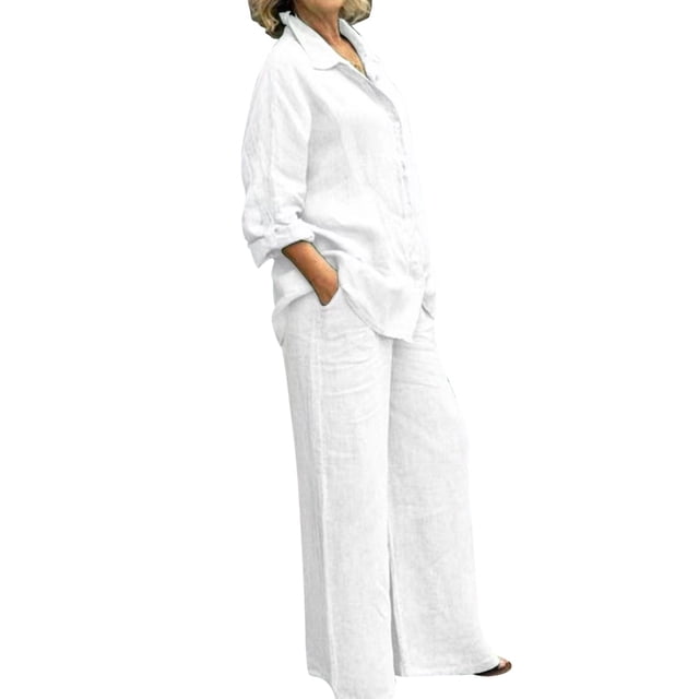 GDREDA Womens Cotton Linen Set 2 Piece Outfits Summer Button Down Shirt Wide Leg Pants Matching Sets White,L