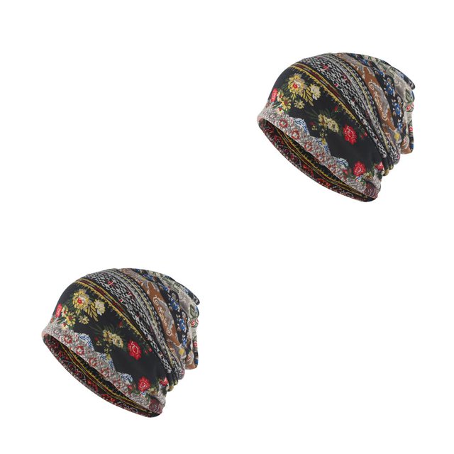 kurtrusly Tuque Bonnet Hijab Pré-Noué Foulard Turban Coloré Bandeau Réglable Protection des Oreilles Bandeau Accessoires Bonnet Noir floral 2 Ensembles