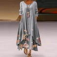 thumbnail image 1 of Robe Maxi d'Été pour Femmes à Manches Mi-Longues, Col, Décontractée, Ample, Longue, de Plage, à Boutons, Grande Taille, Robe Bohème, Robe Soleil, Froncée, Fluide, Longue pour Femmes, 1 of 6