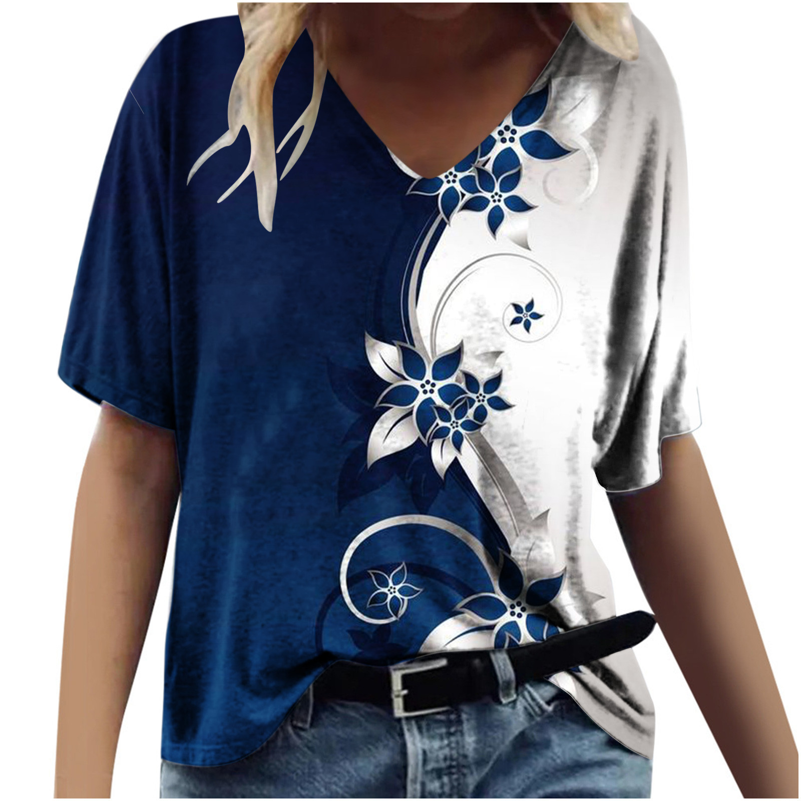 T-shirt Ample Décontracté à Col en V à Manches Courtes pour Femmes avec Imprimé