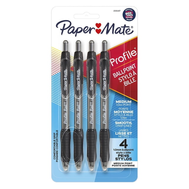 Paper Mate Profile Retractable Ballpoint Pens, Medium Point (1.0 mm), Black, pack of 4 with soft comfort grips and retractable tips designed for smooth, crisp lines, shown in clear plastic packaging with black barrels and clips.
