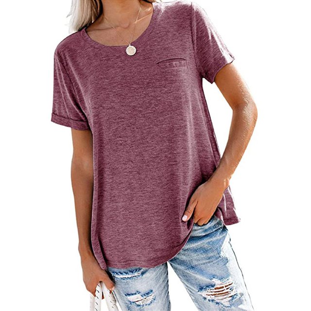 LUXUR Tee-Shirt Femme Manches Courtes Hauts Couleur Unie T-shirt Tunique Mode Blouse Col Rond T-shirt Bordeaux S