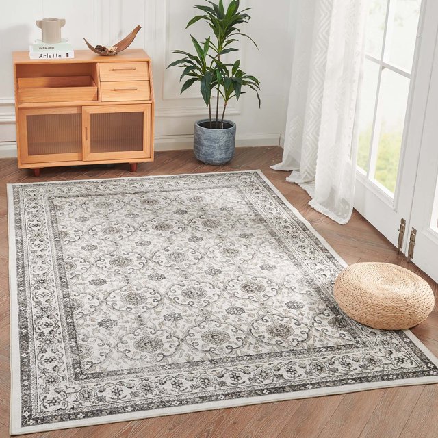 Rugking Area Rug 5X7 Persian Rug Vintage Indoor Thin Rug Soft Door Mat Taupe Print Overdyed Boho Retro Floor Cover Farmhouse Washable Kitchen Bedroom