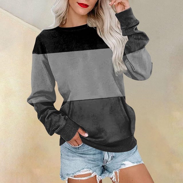 Meichang Chandails en Molleton Légers pour Femmes Col Rond Manches Longues Chandail Décontracté Tendance à Blocs de Couleur Automne avec Poches