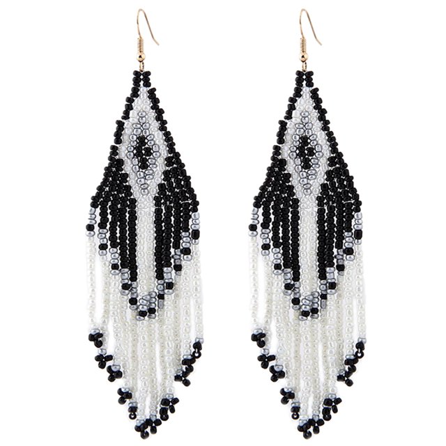 Drop Earrings Beaded Retro Creative Long Dangle Earrings with black and white bead tassels in a fringe design. Boho statement jewelry made of alloy and beads, measuring 2.8cm wide by 12cm long. Ideal for daily wear, parties, and special occasions.