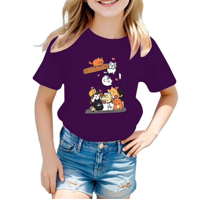 HNMKIU T-Shirt d'Été Décontracté pour Filles avec Imprimé Graphique Mignon, Col Rond, Manches Courtes, T-Shirt Confortable pour Enfants, Violet, 5-6 Ans