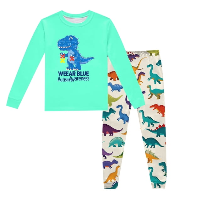 Pyjama pour Garçons, Enfants, Dinosaure Imprimé, Col Rond, Haut à Manches Longues, Pantalon, Ensemble de Pyjama 2 Pcs, Printemps Automne, Pyjama pour Enfants, Vert Menthe, 8 Ans-9 Ans