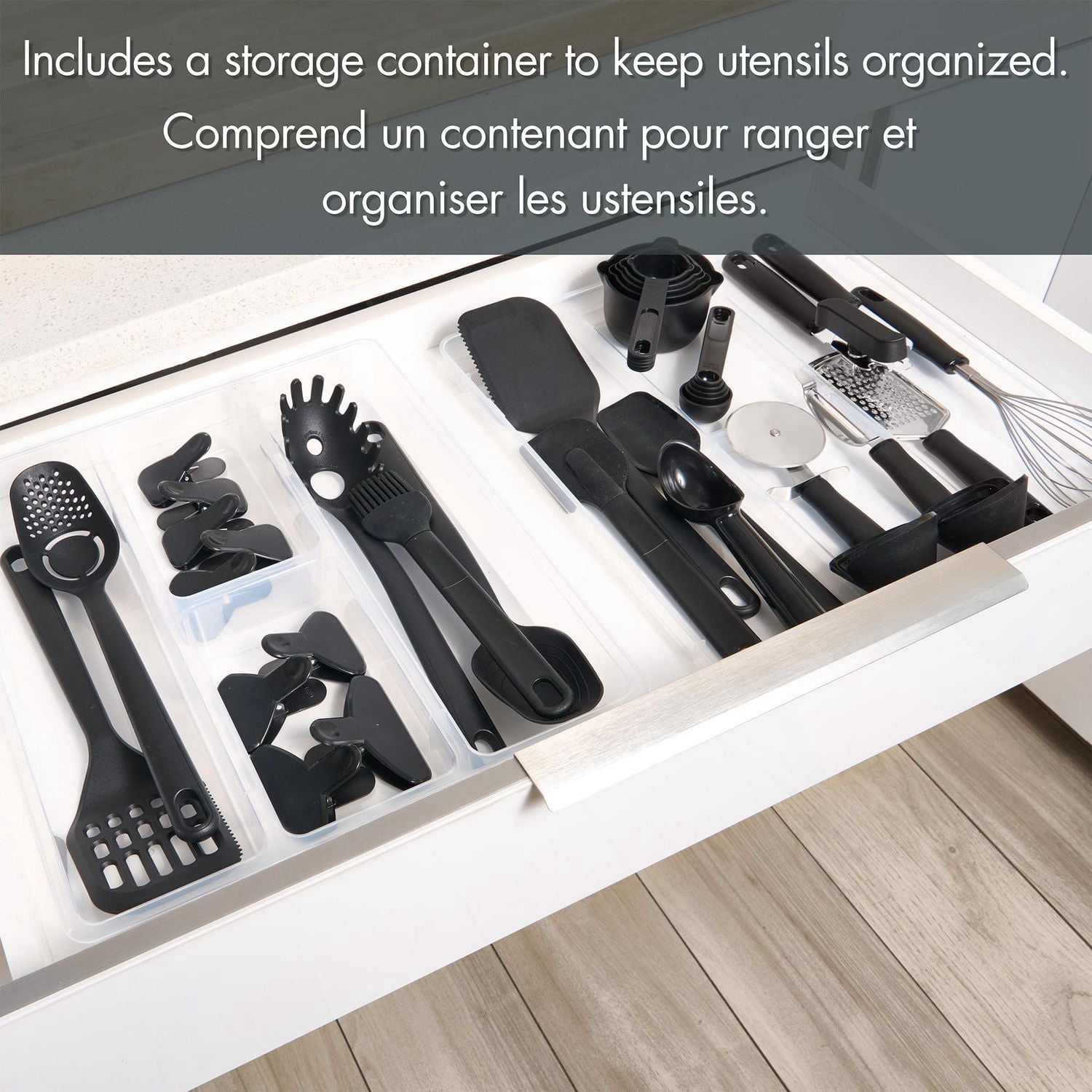Ensemble 36 pc d'ustensiles pour cuisine Mainstays avec plateau de rangement, noir et transparent