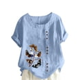 thumbnail image 2 of Pisexur Hauts pour Femmes en Coton et Lin Été Décontracté Imprimé Papillon Blouses Oversize Col Rond Tunique Ample Manches Courtes Hauts Chemises Grande Taille, 2 of 5