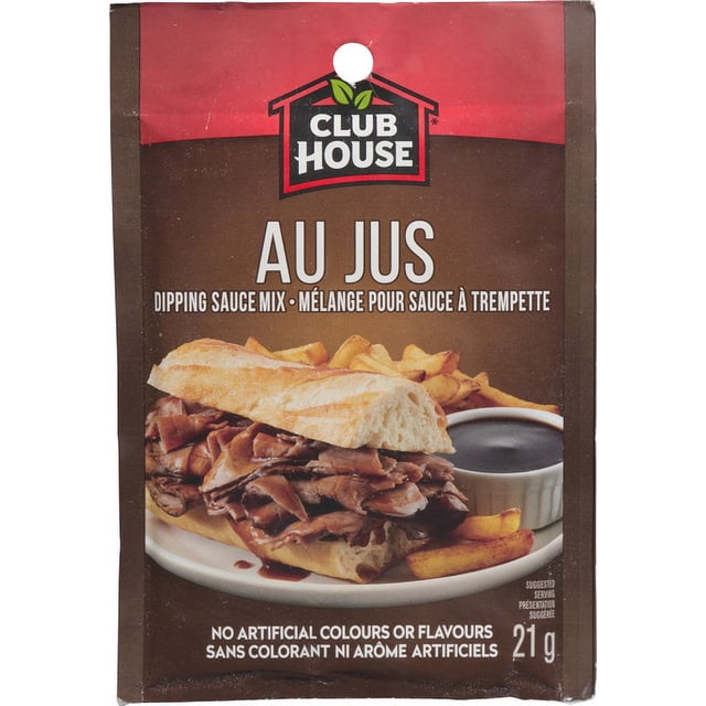 Club House Au Jus Dipping Sauce Mix 21g dry seasoning packet for gravy with brown and red packaging, featuring a roast beef sandwich with fries and a ramekin of au jus sauce on a white plate, gluten free and free of artificial colours or flavours, suitable for enhancing meat dishes.