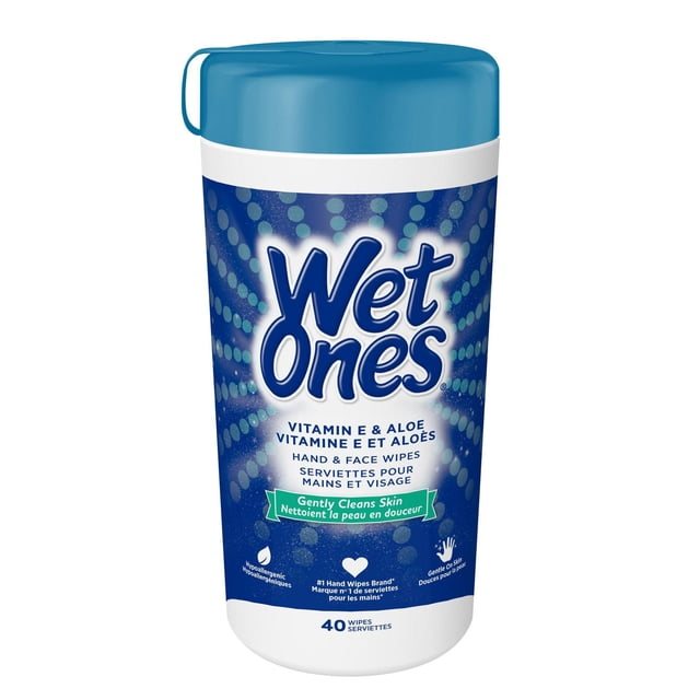 Wet Ones Hand Wipes, Vitamin E and Aloe, in a blue and white cylindrical container with a click-top lid, containing 40 hypoallergenic wipes for gentle cleaning of hands and face, fragrance and alcohol-free, ideal for quick cleanups on the go and fits car cupholders 3 inches or larger.