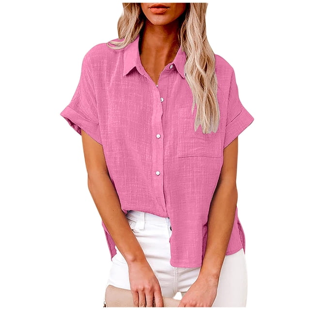 asjyhkr Blouses for Women Button down Short Sleeve T Shirt Solid Color Fashion Summer Tops Solid Color