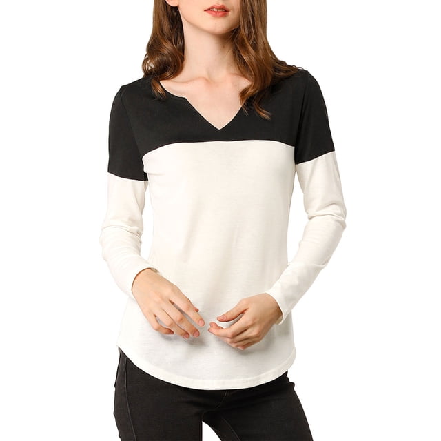 Unique Bargains T-Shirt Casual à Manches Longues à Col en V pour Femmes