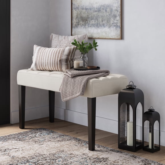 Banc carré capitonné en similicuir CorLiving California avec pieds en bois, blanc